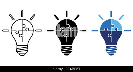 Three variations of a light bulb icon designed with four puzzle pieces representing creative ideas Stock Vector