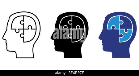 Three stylized human head profiles featuring a four piece jigsaw puzzle design inside the brain area Stock Vector
