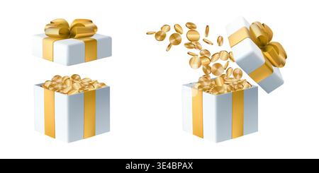 Gift box full of money, golden 3d coin award floating. Rich present concept, cash bonus vector. Win lottery jackpot. Invest fund, get profit of bank Stock Vector