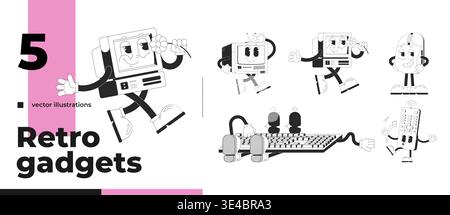 Computer and tech outline groovy mascot characters pack Stock Vector