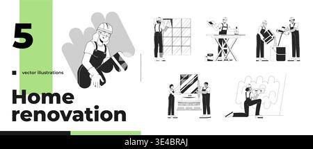 Home renovation and construction work outline illustrations pack Stock Vector