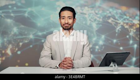 Portrait, anchor and man in news studio with broadcast, international story and show for tv network. Reporter, person and live streaming in newsroom Stock Photo