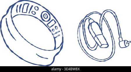 Smart Ring for Health Monitoring and Sleep Tracking. Modern Biohacking Device with Charging Cable. Tech Wellness Ritual. Vector Outline Hand Drawn on Stock Vector