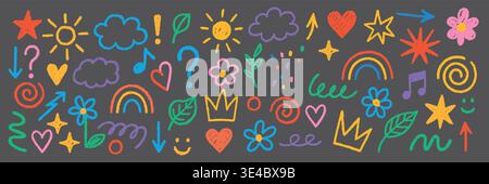 Hand heart flower for child chalk crayon and vector icon kid. Children school cloud for summer cute hand and color line cartoon. Hand paint Stock Vector