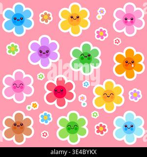 Colorful flower icon emoji stickers characters. Groovy sticker set flower cartoon. Daisy flowers sticker pack with cartoon funny smiling faces. Stock Vector