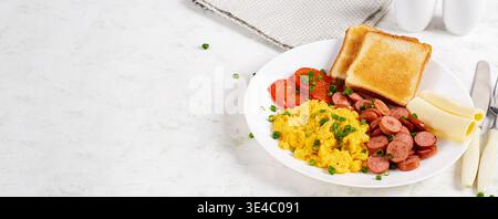 Fresh Healthy Breakfast Flat Lay with Protein Eggs and Sausage Stock Photo