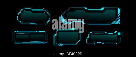 Tech frame interface with HUD gaming elements and cyber UI components. Modern digital screen with neon blue borders and cyberpunk design. Futuristic dashboard display with holographic controls. Stock Vector