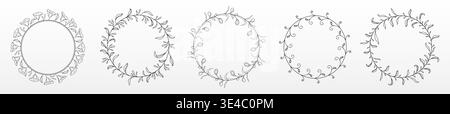 Floral monogram wreaths set isolated on white. Vector illustration of elegant hand drawn circles decorated with flowers and leaves, botanical frame for wedding, invitation, holiday card or logo design Stock Vector