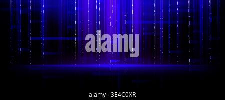 Abstract digital tech background with glowing blue vertical lines and scattered light particles on dark surface. Data pattern with futuristic ai interface atmosphere for modern technology design. Stock Vector