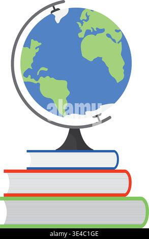 Vector illustration of a world globe on a stack of books against a solid white background Stock Vector