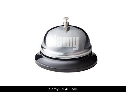 Silver Service Bell on Black Base for Hotel Reception and Concierge Desk, Customer Service Call Button isolated on white background Stock Photo