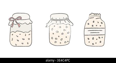Hand drawn sourdough starter jars set. Rustic sketch style fermentation illustration with labels. Minimal neutral kitchen clipart for baking blogs Stock Vector