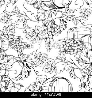 Seamless pattern with wooden barrel casks among grape berry clusters on leafy vines with tendril curls. Ink vector illustration. Wine cellar Stock Vector