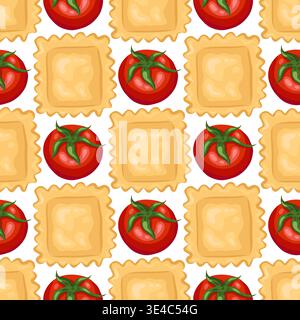 Tomato and ravioli vector seamless pattern. Hand drawn staggered pasta on white background. Italian food for restaurant menu design. Organic kitchen ornament for retro wallpaper and product packaging. Stock Vector