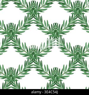 Rosemary green branch vector seamless pattern. Hand drawn herbal grid on white background. Cartoon organic food for restaurant menu design. Summer kitchen surface print for wallpaper and textile. Stock Vector
