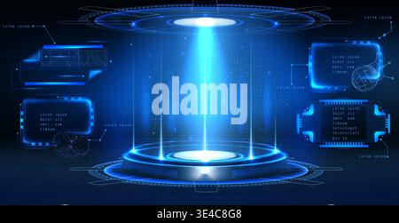 Futuristic lab with round podium and HUD data frames. Vector realistic illustration of neon blue hologram portal, bright light beams on stage, hi tech digital screens, future technology, vr game ui Stock Vector
