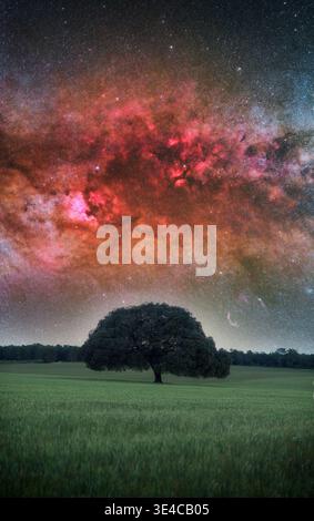 Milky Way and Cygnus Constellation Above Centenary Oak Stock Photo