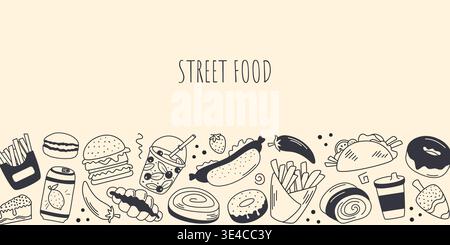 Horizontal banner with street food theme in doodle style. Hand drawn border of fast food, sweets, desserts, snacks and drinks. Template Stock Vector