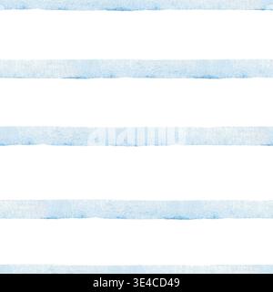Blue watercolor horizontal stripe seamless pattern, background with wide white bands and hand painted pastel texture Stock Photo