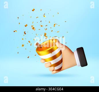 3D hand with gold party popper with confetti Stock Vector