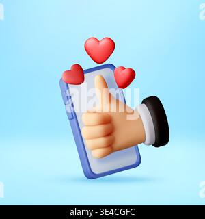 3D Hand showing thumb up with hearts on smartphone Stock Vector