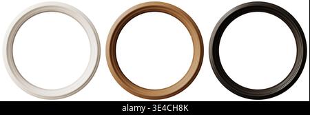 Cut out of three round picture frames placed on a clear background. Each frame shows a different color and design for creative displays in various set Stock Photo