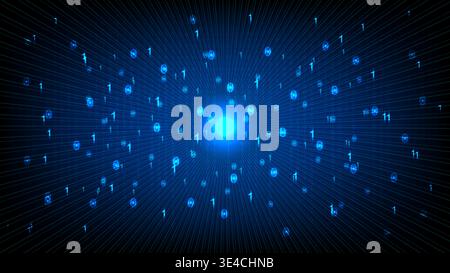 Abstract blue background of digital binary data flowing through a high speed fiber optic quantum network Stock Vector