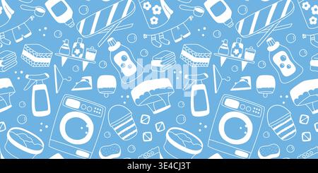 Seamless pattern with laundry and ironing attributes. Washing powder, washing machine, conditioner, laundry basket, iron and ironing board, Stock Vector