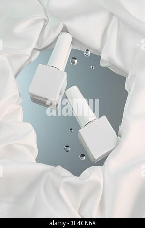 Gel polish bottles in white fabric folds on blue background. Stock Photo