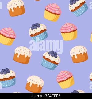 Sweet Easter pastry seamless pattern. Cupcakes and paschal cakes repeating background on purple Stock Vector
