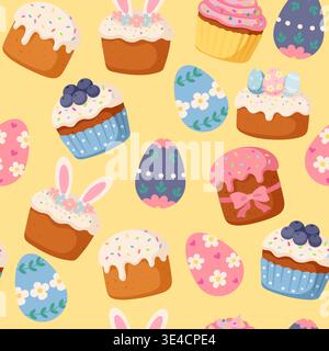 Colorful Easter sweets and eggs seamless pattern. Spring celebration background with cupcakes and paschal cakes on yellow. Stock Vector
