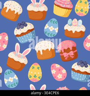 Easter seamless pattern with cakes and decorated eggs. Spring holiday background with paschal bread and sweets on blue. Stock Vector