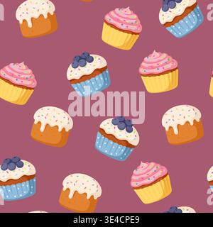 Traditional Easter food seamless pattern on dark red. Cakes and cupcakes repeating background for holiday design Stock Vector