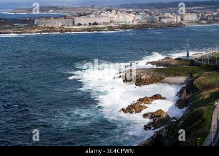 Waves breaking on rocks at A Corunia, Galicia, north west coast of Spain Stock Photo