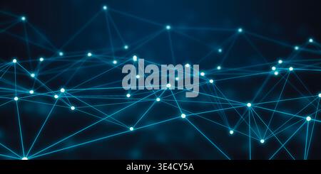 Abstract background with a technological network structure featuring blue dots and lines representing global connectivity. Flow of information and dat Stock Photo
