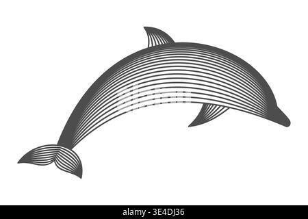 Dolphin wireframe line art. Abstract marine mammal made of curved lines. Vector illustration. Ocean animal silhouette with striped line structure. Stock Vector