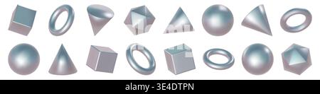 3d metal shape, holographic element and chrome geometric figures. Cube prism, triangle silver cone pyramid. Y2k hexagon circle sphere for math object Stock Vector
