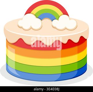 Funny cake with rainbow icon in flat colorful style. Bakery pie vector illustration on isolated background. Festive dessert sign business concept. Stock Vector