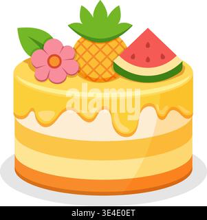 Funny cake with fruits and flower icon in flat colorful style. Bakery pie vector illustration on isolated background. Festive dessert sign business co Stock Vector