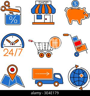 Online Shopping Thin Lines Color Web Icon Set with Flat elements for Flyer, Poster, Web Site Like Shop, Delivery, Marketing, Support, Cart, Sale Stock Vector