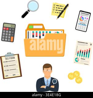 Auditing, Tax, Accounting Concept. Auditor Holds Magnifying Glass in Hand and Checks Financial Report with Charts, Calculator and Smartphone. Flat Sty Stock Vector