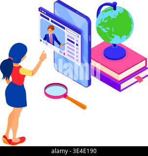 Online education or distance exam with isometric character internet course e-learning from home girl studying on smartphone with teacher isometric edu Stock Vector