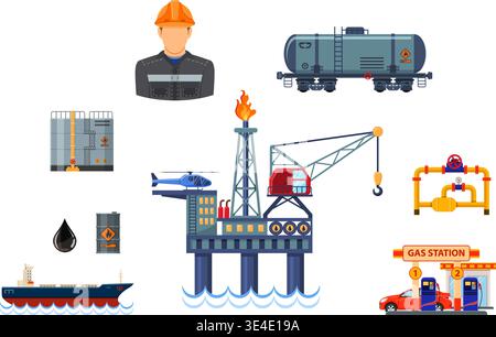 Oil industry Concept with Flat Icons extraction production and transportation oil and petrol with oilman, rig and barrels. vector illustration. Stock Vector