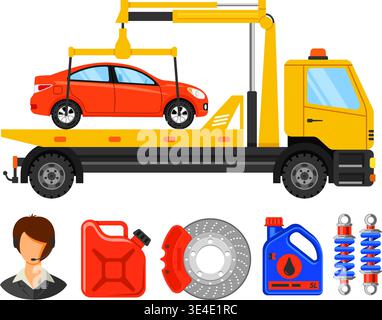 Car Service Concept for Poster, Web Site, Advertising with Flat Icons like Support, Manipulator, Oil. Stock Vector