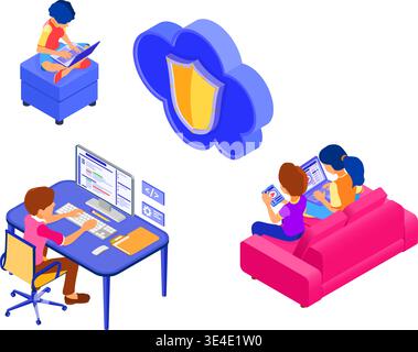 online collaboration education or distance exam through protected cloud technology. isometric character work internet course e-learning from home. iso Stock Vector