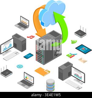 Data Network Cloud Computing Technology Isometric business concept with network server, computer, laptop, router and multimedia icons. Storage and tra Stock Vector