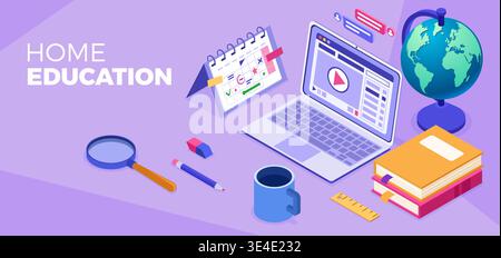 Online distance education banner. Internet course or online learning from home. Distance home education technology. Landing page template. Isometric i Stock Vector