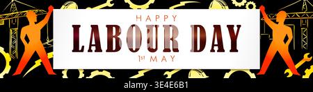 Happy Labour Day 1st May horizontal banner with two workers and industrial tools. Web button. Billboard concept Stock Vector