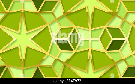 Green and gold islamic geometric star pattern background with 3d layered arabesque shapes Stock Vector