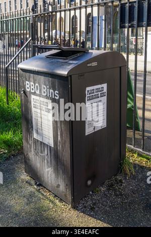A BBQ bin in Lincoln's Inn Fields for people to dispose of old charcoal after having a barbecue in the park. Stock Photo